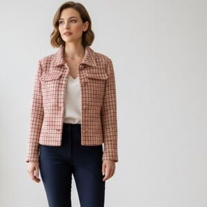 Anthropologie Maeve Cropped Tweed Blazer Jacket Pink Orange Plaid Size Large